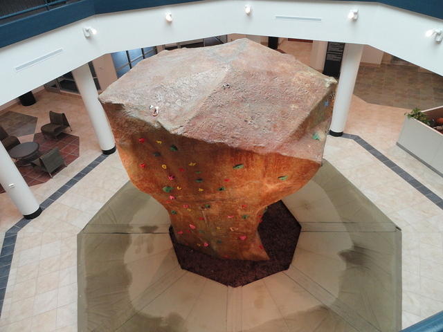 View of the climbing boulder from the second floor.